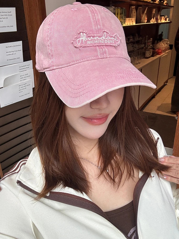 Vintage Washed Fashion Raw Edge Letter Embroidery Soft Top Baseball Cap Fashion Versatile for Women