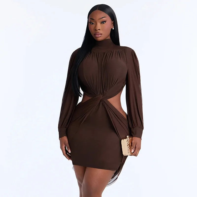 Mesh Sheer Long Sleeve Cut Out Mini Dress Woman Clothing Elegant Sexy Autumn Winter Dresses 2026