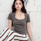 Square Neck Fitted T-Shirt, Ruched Short Sleeve Top