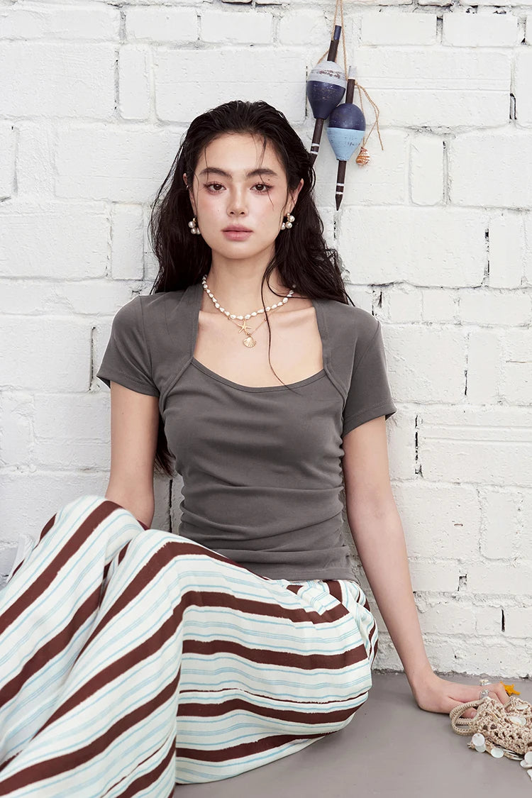 Square Neck Fitted T-Shirt, Ruched Short Sleeve Top