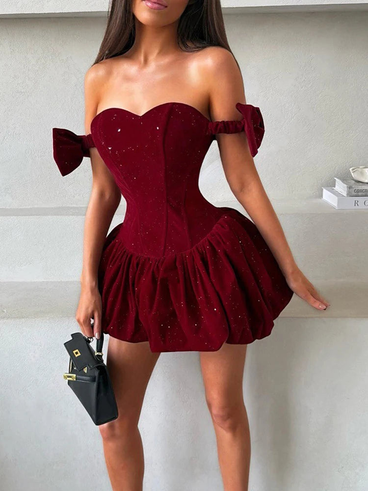 Fine Glitter Christmas Dress Women Slash Neck Sleeveless Fluffy Hem Folds Slim Fashion Sweet Elegant Party Mini Bodycon