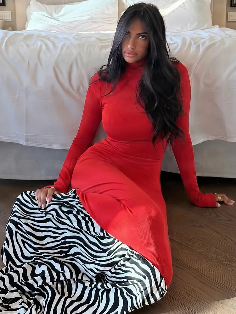 Leopard Patchwork Long Dress Woman Autumn Trend o-Neck Full Sleeve High Waist Skinny Peach Hip Elegant Style Vestidos