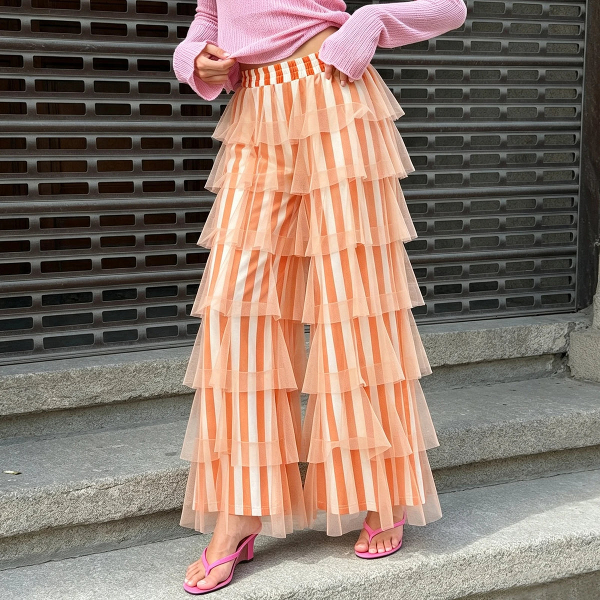 Women Striped Tiered Mesh Flare Pants High Waist Multi Layer Ruffle Tulle Wide Leg Bell Bottom Retro Streetwear Trousers