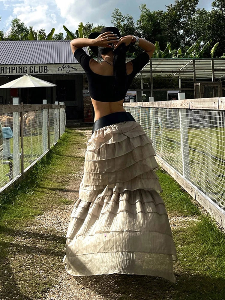 Y2K Tierred Skirts Women Split Patchwork Skinny Hottie Sexy Midnight Music Festival Street Trend Chic Long Bottoms