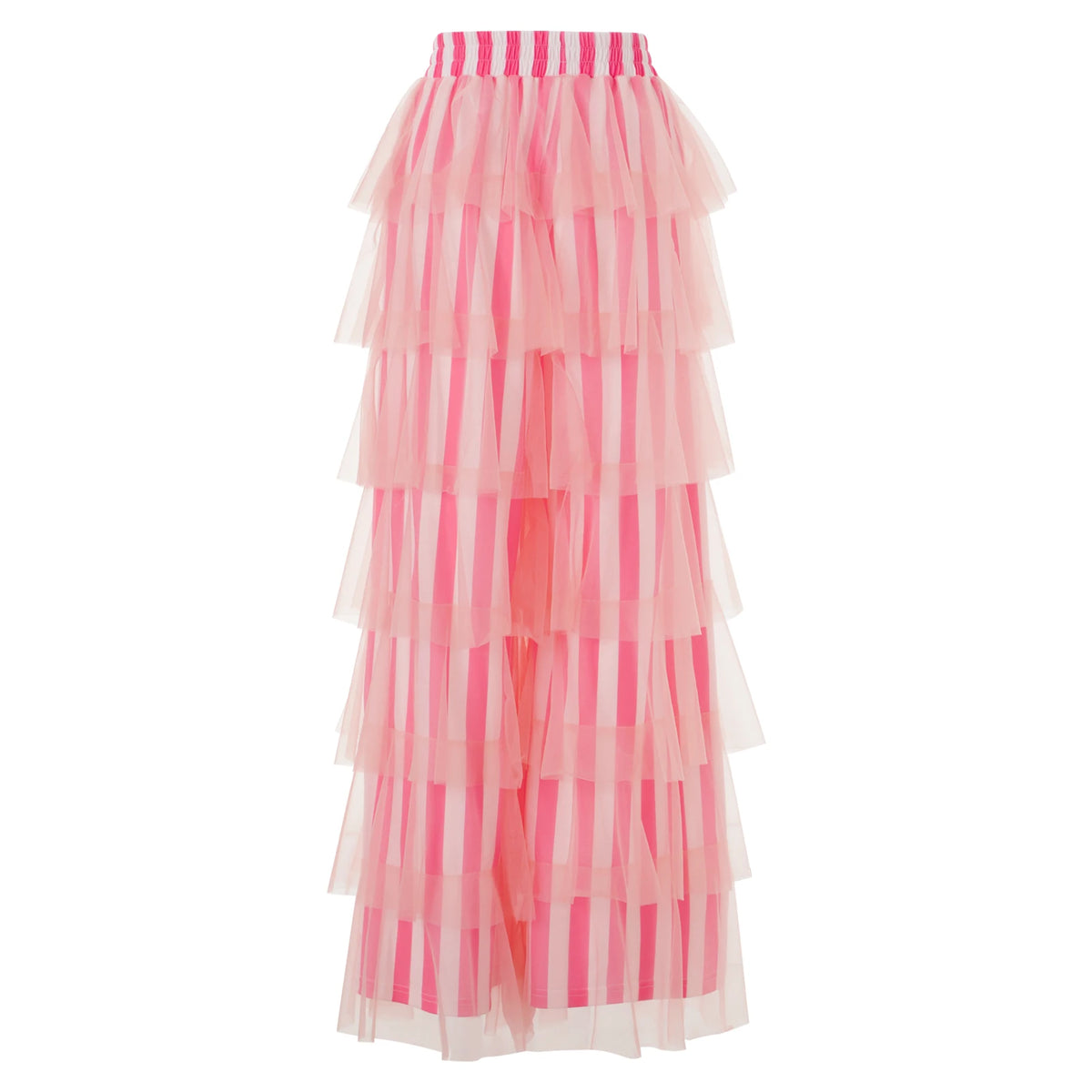Women Striped Tiered Mesh Flare Pants High Waist Multi Layer Ruffle Tulle Wide Leg Bell Bottom Retro Streetwear Trousers