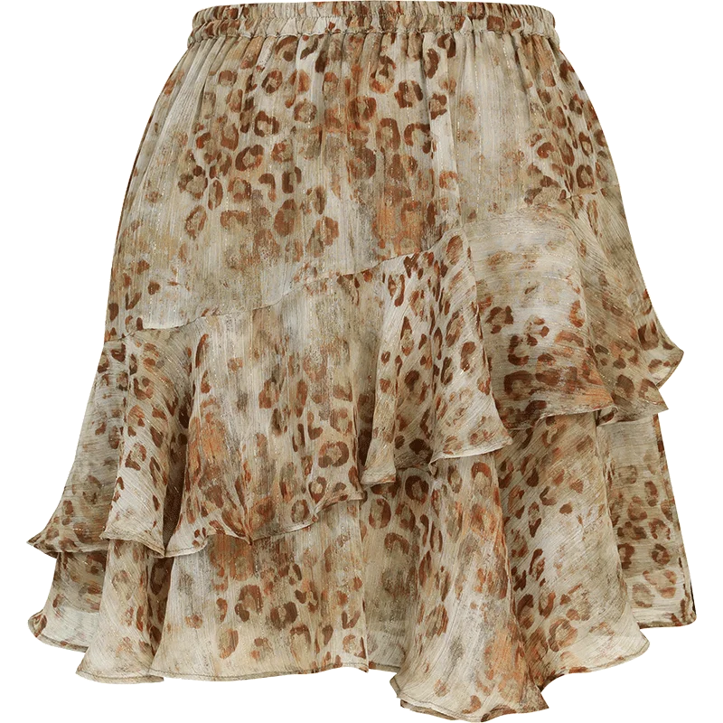 Women's Mini Skirt with Shimmery Leopard Print & Tiered Ruffle Detail, Chic Elastic Waist Lightweight Bottom for Summer