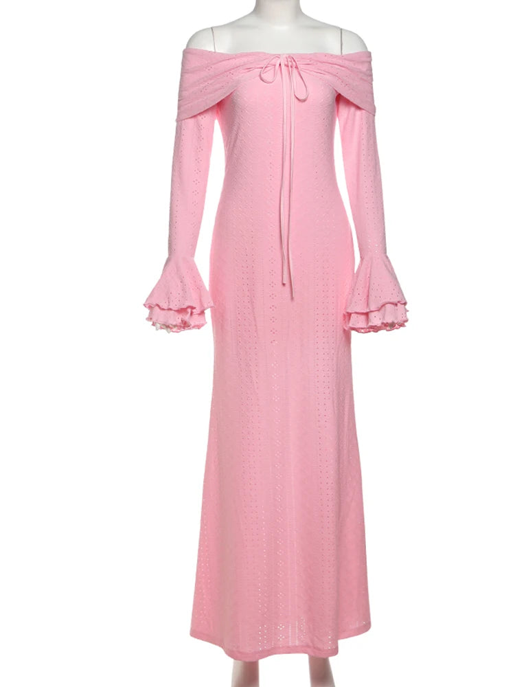 Ruched Elegant Maxi Dress Women Slash Neck Shirring Off Shoulder Backless Tierred Flared Sleeve Solid Skinny Vestidos