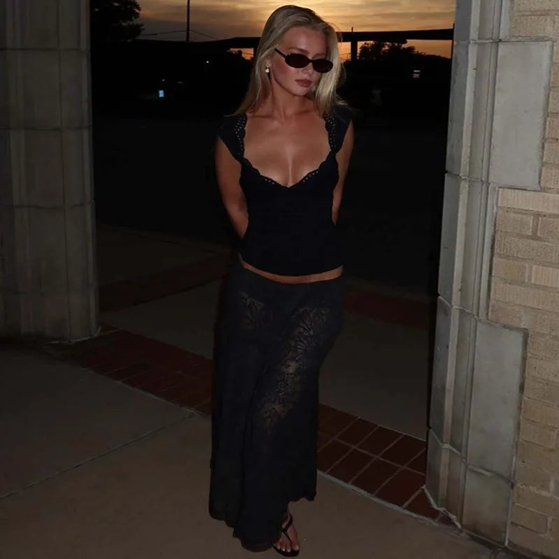 Lace Trim V Neck Tank Top Woman Cute Clothes Solid Color Sleeveless Fitted Crop Tops