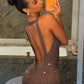 Women Rhinestone Maxi Dress Sleeveless Deep V Neck Backless Bodycon Mermaid Long Dress Evening Party Club Formal Gown