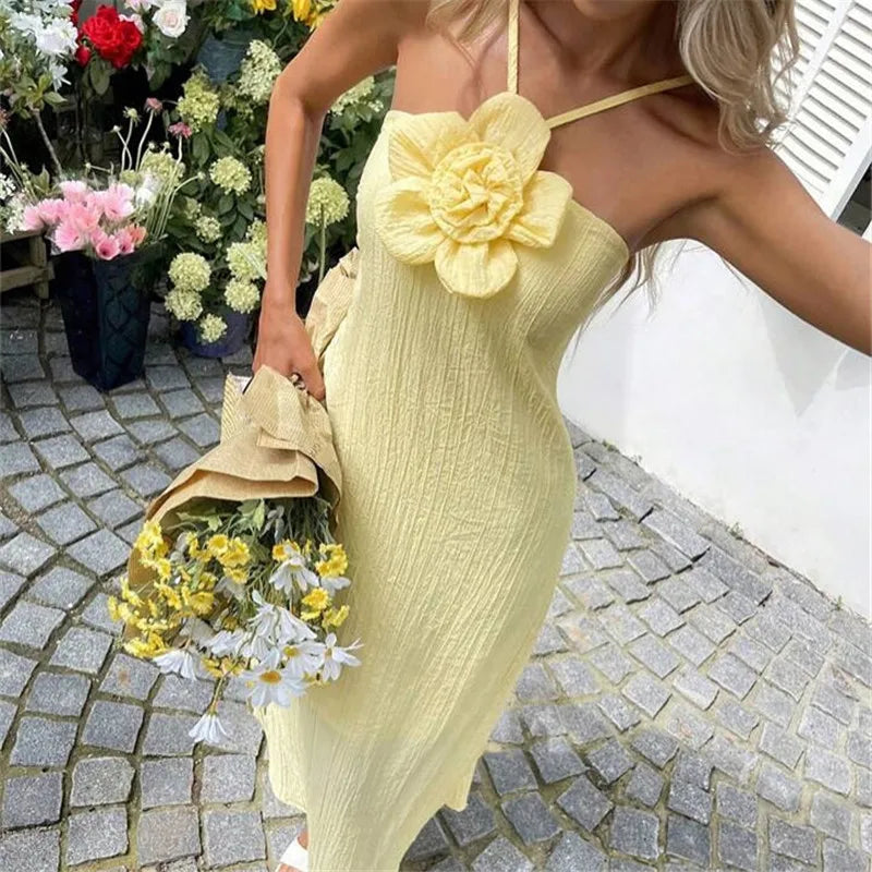 Women's 3D Flower Halter Maxi Dress Crinkled Textured Fabric Sleeveless Flowy Long Dress for Casual Summer Wear