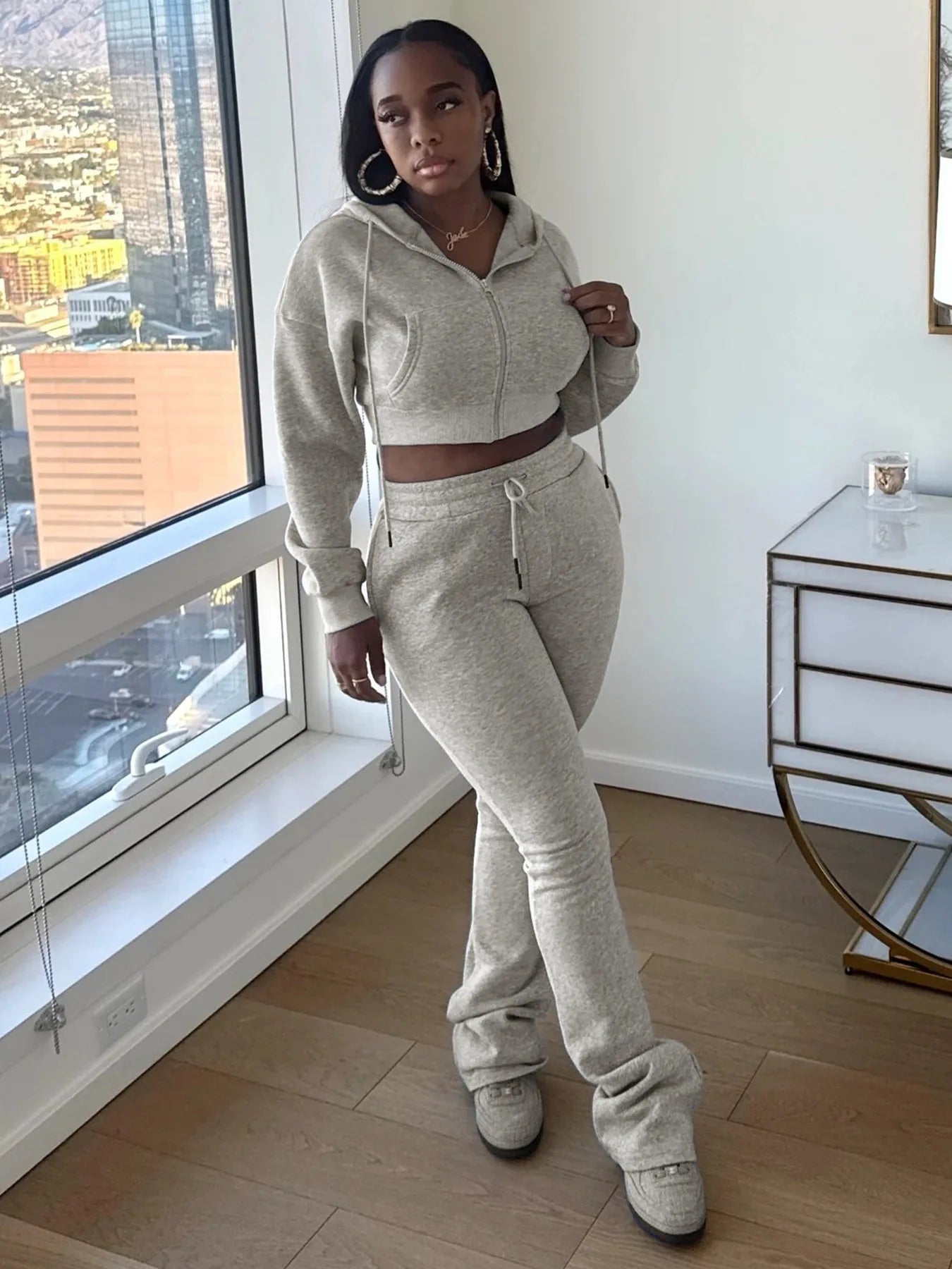 Casual Simple Women 2 Piece Set Pocket Hooded Zip Crop Jacket+Pants Sporty Matching Streetwear Skinny Basic Outfits