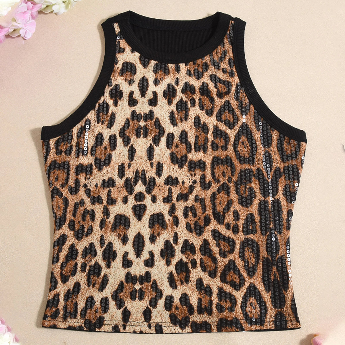 Women's Summer Slim Fit Vest Crop Tops Sleeveless Round Neck Sequins/Leopard Print Cami Tank Tops Y2K Party Clubwear