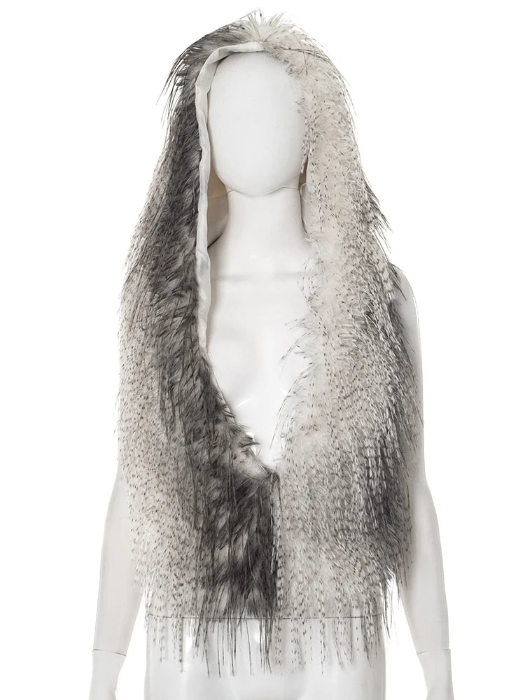 Furry Tassel Hooded Crop Tops Women Contrast Patchwork Halter Deep V-Neck Backless High Street Style Fashion Outfits