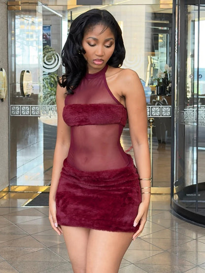 Furry Patchwork Sexy Dress Women Backless Sleeveless Hipster Midnight Clubwear Skinny Coquette Vacation Mini Bodycon