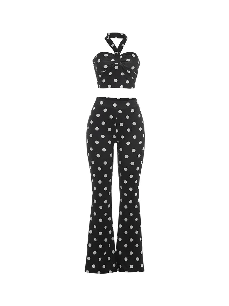 Sexy Fashion 2 Piece Set Woman Polka Dot Print Halter Backless Tank Tops+Elastic Waist Pants High Street Style Suits