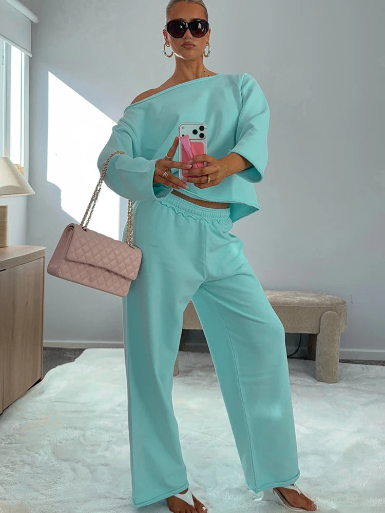 Casual Comfortable 2 Piece Set Woman Autumn Trend Skew Collar Full Sleeve T-Shirts+Long Pants Simple Style Outfits