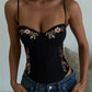 Floral Embroidered Corset Top Women Spaghetti Strap Scalloped Trim Bustier Crop Top Sexy Y2K Coquette Aesthetic Camisole