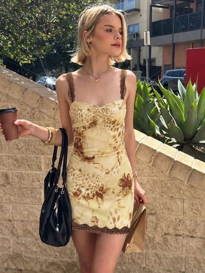Leopard Print Summer Dresses 2026 Fashion Sexy Lace Trim Sleeveless Mini Bodycon Dress Woman Clothing