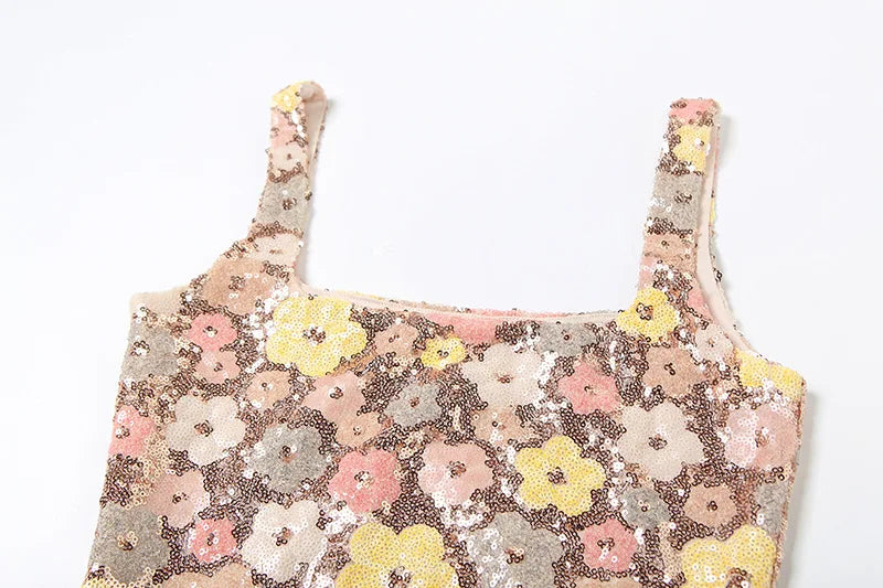 Flower Sequined Summer Dresses Square Neck Sleeveless Split Mini Dress Sexy Women Clothing Clubbing Outfits