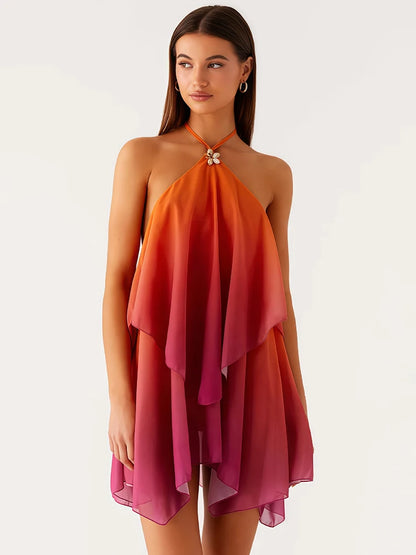Gradient Halter Backless Sexy Mini Dress Women Gown Elegant Mesh Zipper Off-shoulder Sleeveless Club Party Dresses