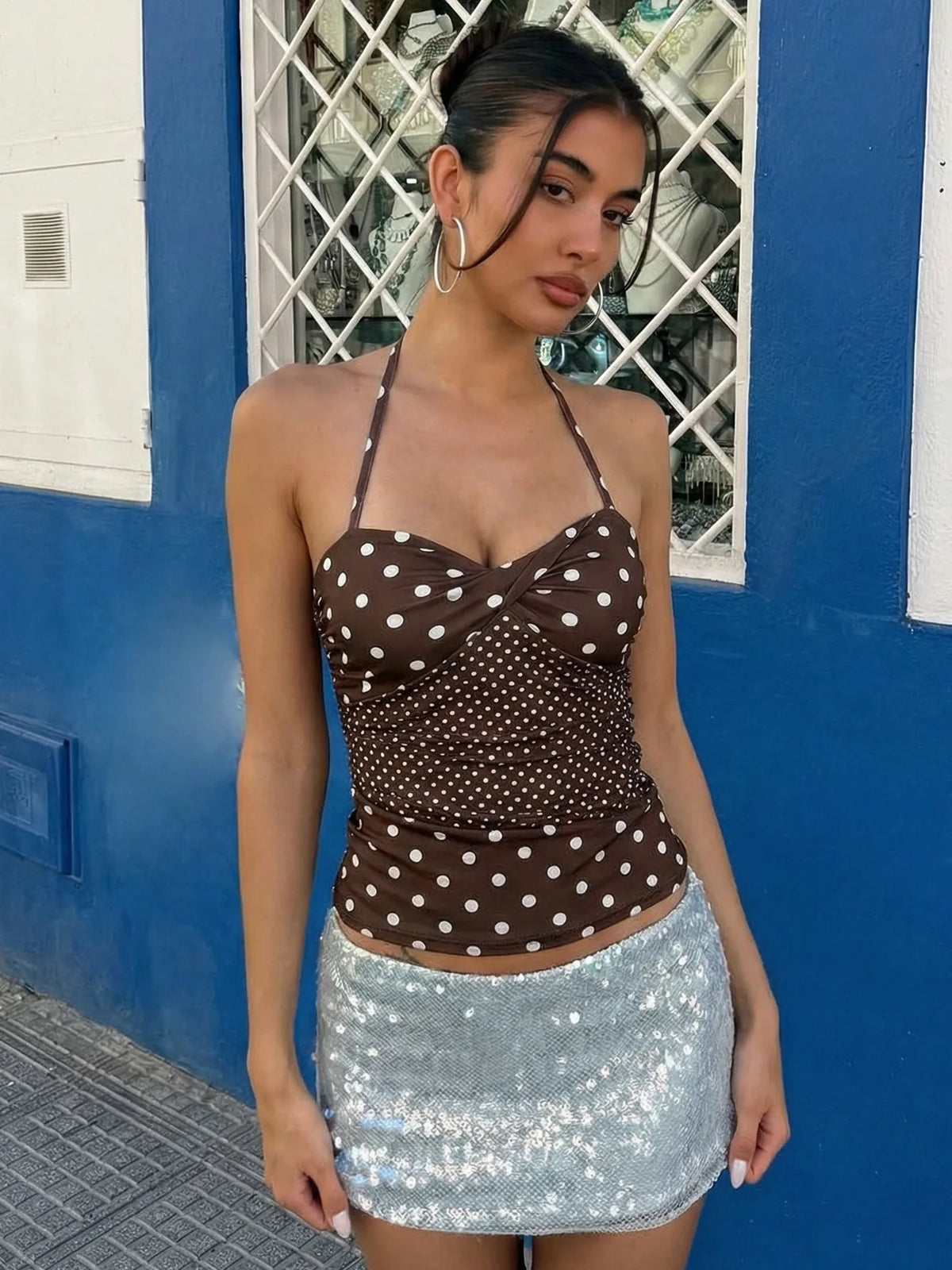 Brown Polka Dot Print Backless Halter Tops Women's Tanks Camis Summer 2026 Fashion Clothes