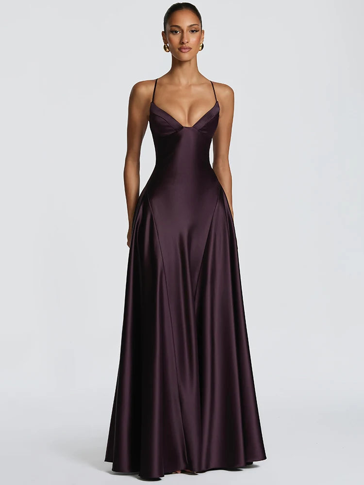 Satin Spaghetti Strap Sexy Maxi Dress Women Elegant Deep V Neck Sleeveless Backless Pleated Evening Club Party Dresses