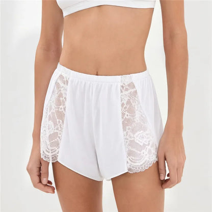 Women Sexy Lace Trim Sleep Shorts Elastic Waist Satin Pajama Shorts with Floral Lace Panel for Daily Casual Loungewear