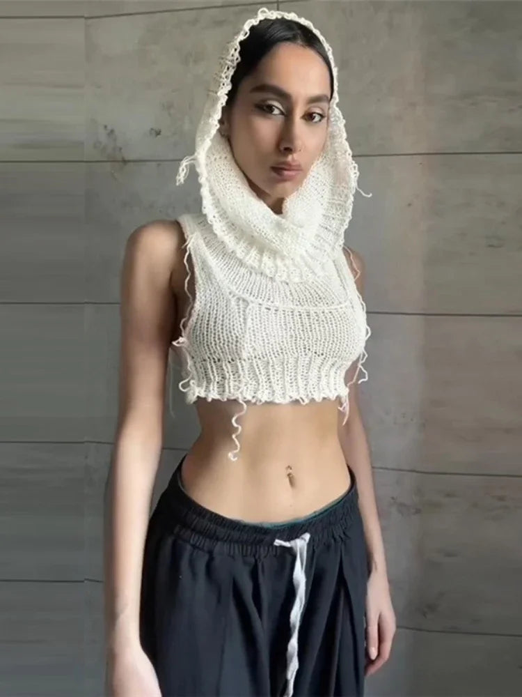 Hooded Sleeveless Knitted Sweater Vest Streetwear Fashion Sexy Y2k Crop Top Autumn Clothes Women 2023