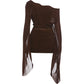 Swing Collar Dress Women Sexy Fashion Mesh Patchwork Ruched Puff Sleeve Hottie Trend Party Club Peach Hip Bodycon