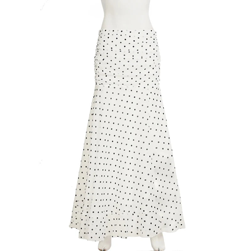 Polka Dot Floor-length Chiffon Skirt French Style Ruffled Mesh A-line Skirts Elegant Maxi Bottoms High Waist Streetwear
