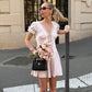 Light Pink Lace Trim Satin Summer Dresses 2026 V Neck Bubble Sleeve Mini Dress Woman Clothing