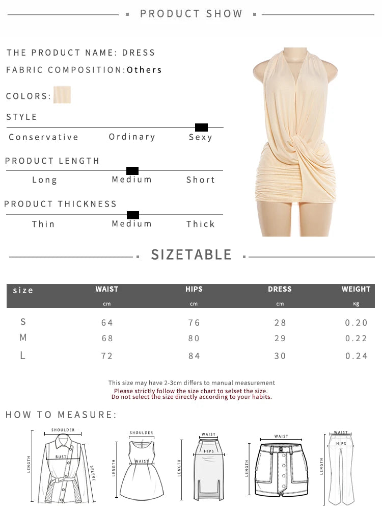 Sexy Fashion Dress Woman Halter Ruched Knot Design Deep V-Neck Backless Sleeveless Skinny Peach Buttocks Mini Bodycon