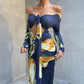 Floral Print Off Shoulder V Neck Hollow Maxi Dress with Long Sleeve Elegant Woman Clothing Fall 2026