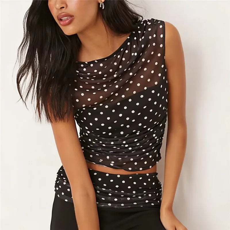 Summer Ladies Sheer Polka Dot Mesh Top Asymmetric Off Shoulder Ruched Sleeveless Blouse Casual Daily Summer Streetwear