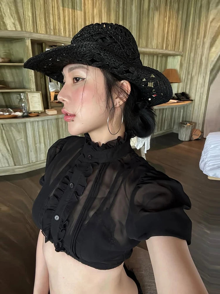 Single-Breasted t-Shirt Women See Through Folds Puff Sleeve Line Decoration Sweet Summer Fashion Daily Streetwear