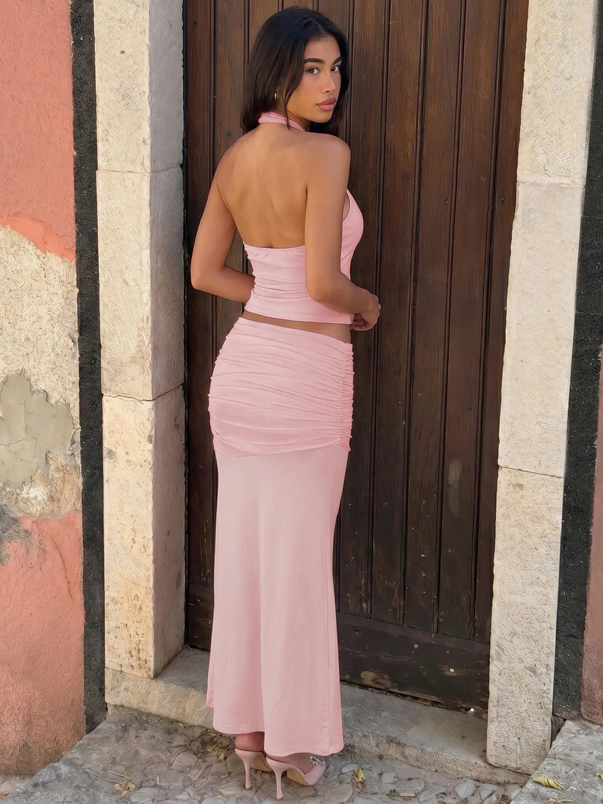 Two Piece Set Pink Halterneck Top and Matching Ruched Maxi Skirt Set Sexy Womens Outfit