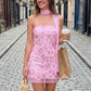 Fashion Women Summer Sequin Mini Bandeau Dress Sleeveless Off Shoulder Flower Embroidery Tube Top Dress with Scarf