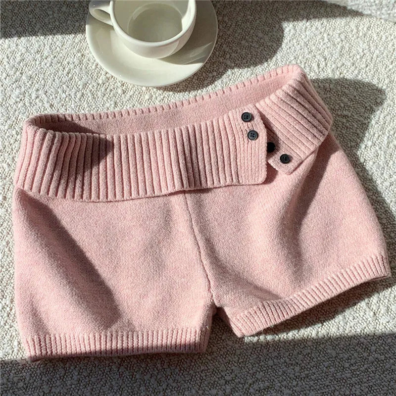 Stylish Button Decor Ribbed Trim Foldover Mid Rise Shorts Women Knit Crochet Micro Shorts Casual Slim Fit Y2K Streetwear