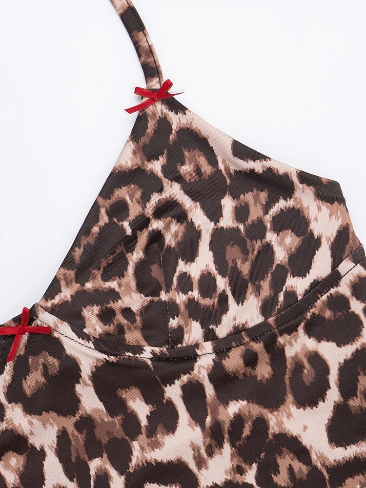Bows Split 2 Piece Set Women Y2K Leopard Print Halter Bandage Camisole+Skirt Matching Street Stretch Skinny Clubwear