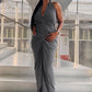 Sleeveless Halter Ruched Maxi Dress Women Sexy Elegant Deep V-neck Lace Up Backless Bodycon Solid Robe Partywear Vestido