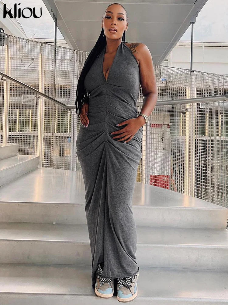 Sleeveless Halter Ruched Maxi Dress Women Sexy Elegant Deep V-neck Lace Up Backless Bodycon Solid Robe Partywear Vestido