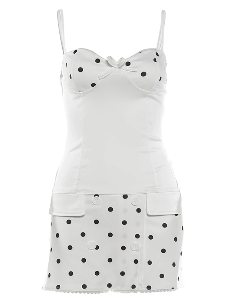 Fashion Party Dress Women Sexy Bow Applique Polka Dot Print Patchwork Button Square Collar Elegant Street Bodycon