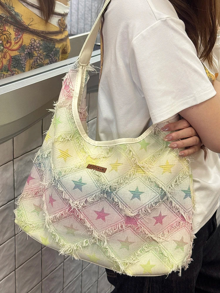 Women's Star Print Denim Hobo Bag, Gradient Color Fringed Shoulder Tote, Large Capacity Casual Aesthetic Shopper Bag