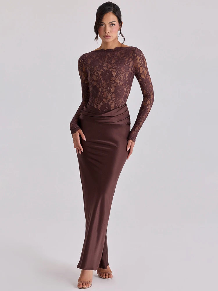 Off Shoulder Lace Satin Maxi Dress Women Elegant Long Sleeve Ruched Bodycon Mermaid Evening Club Party Formal Dress