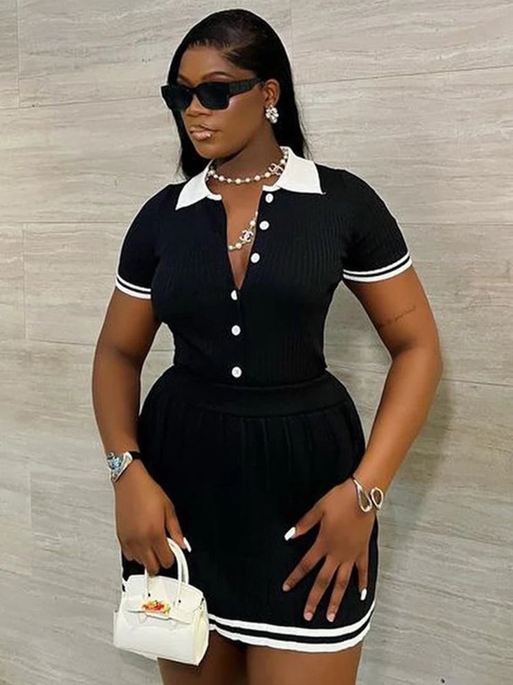 Contrast Patchwork 2 Piece Set Women Polo-Neck Single-Breasted Tops+Ruched Ruffles Skirts Young Style Street Outfits