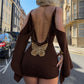 Women Bodycon Mini Dress Cold Shoulder Flare Long Sleeve Halter Backless Dress Sequin Butterfly Chain Back PartyClubwear