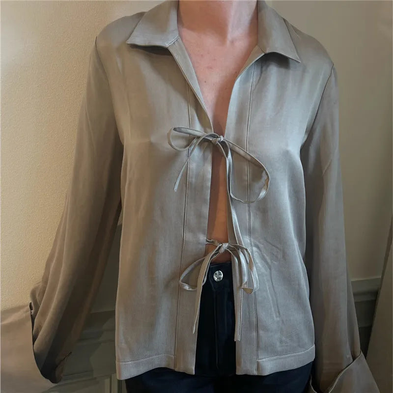 Elegant Satin Lapel Collar Shirt Women Long Sleeve Flare Cuff Tie Front Blouse Solid Color Silky V Neck Lace Up Cardigan