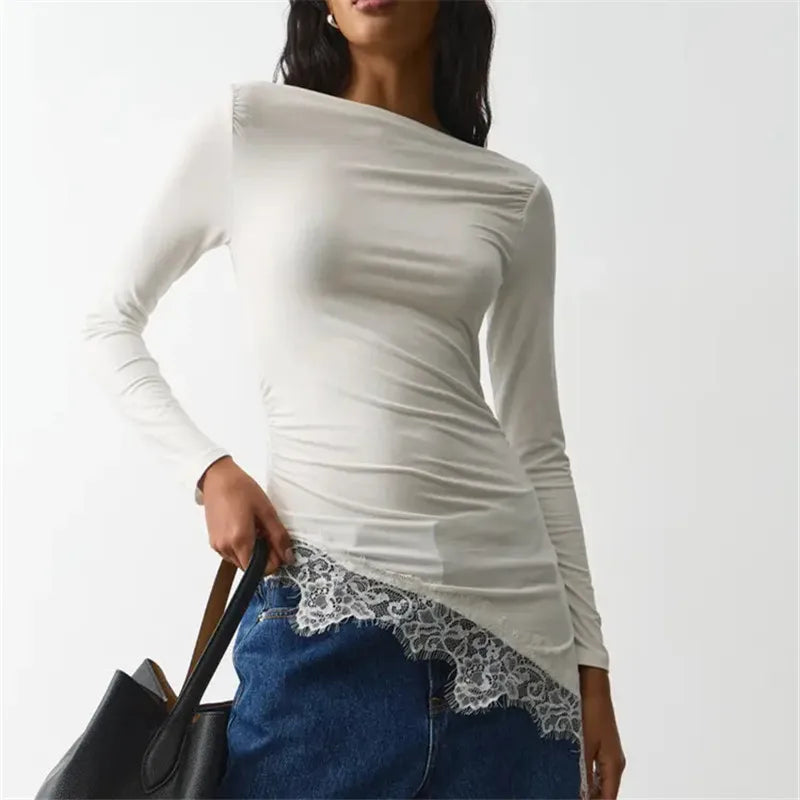 Women Boat Neck Long Sleeve Slim Fitted Top Ruched Side Asymmetrical Lace Hem Y2K Casual Daily Spring Fall Blouse Tops
