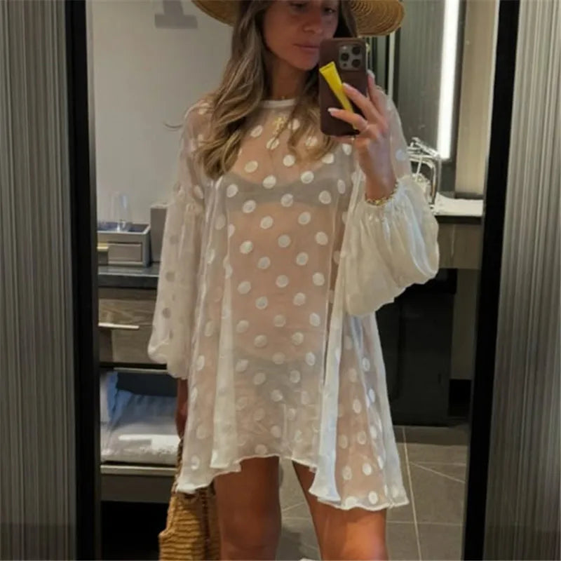 Sheer Mesh Long Puff Sleeve Casual Summer Cover Up T Shirt Blouse Women Y2K Polka Dot Beach Cover Up Shirt Dress