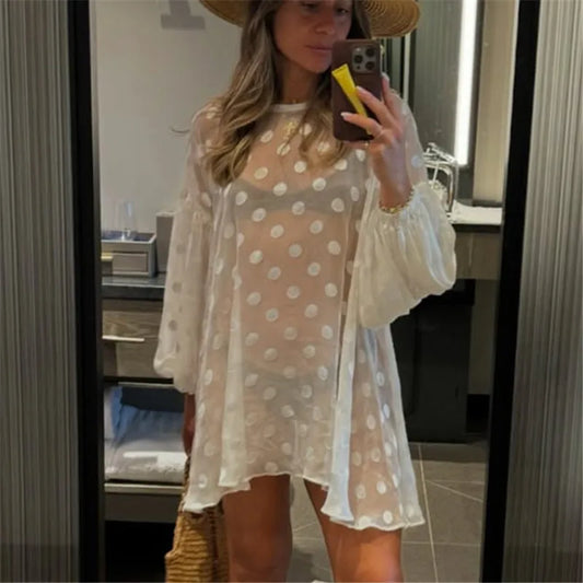 Sheer Mesh Long Puff Sleeve Casual Summer Cover Up T Shirt Blouse Women Y2K Polka Dot Beach Cover Up Shirt Dress